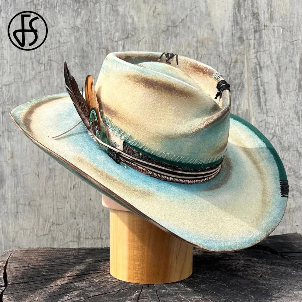 FS Vintage Wine Red Cowboy Hats For Men Women With Ribbon Feather Decoration Jazz Panama Hat Gentleman Wool Felt Fedoras 250320