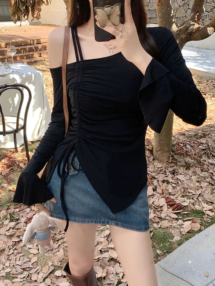 Sweet Sexy Drawstring Ribbon White Off Shoulder Top Women Basic Long Sleeve Body T-Shirt Elegant Flare Sleeve Lady Tees 250320
