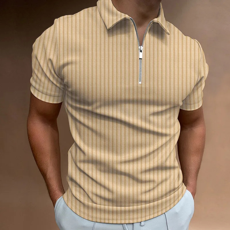 Mens Fashion Polo Shirts Summer Stripe Zipper Mens Polo Shirt Solid T-Shirt Short-Sleeved Shirt Casual Slim Tops 250319
