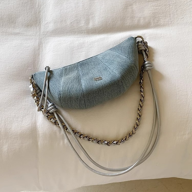 Zurich Street Corner Crescent Bag, Niche Denim Blue Shoulder Crossbody Bag, Women's Horn Bag