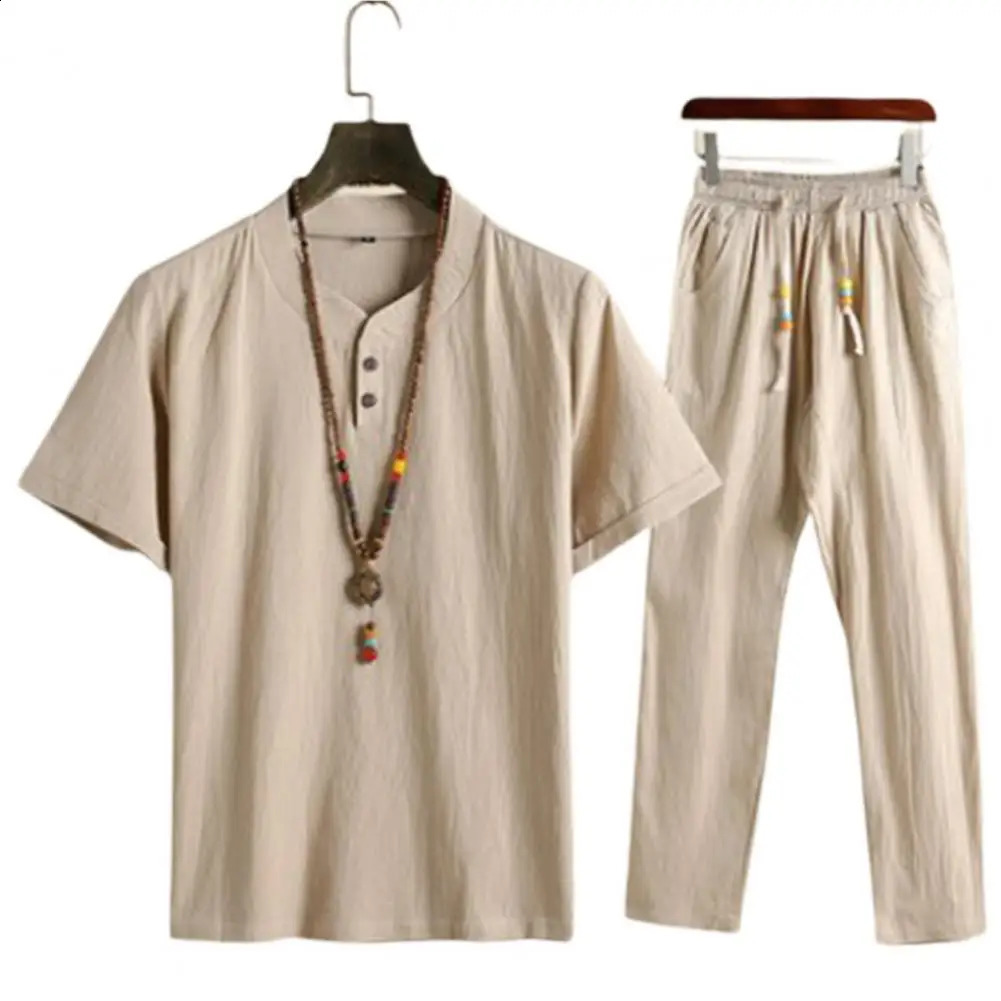 Summer Fashion Men Shirts Trousers Set Cotton And Linen Shirts Short Sleeve Mens Casual Top Pants Men Outfit M-4XL 250319