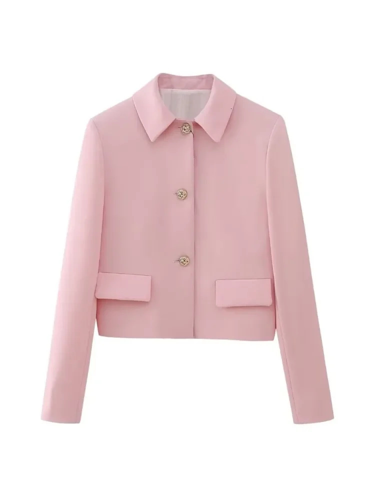 Spring Elegant Womens Pink Y2K Short Jacket Metal Flower Button Long Sleeve Set Collar Top 250314