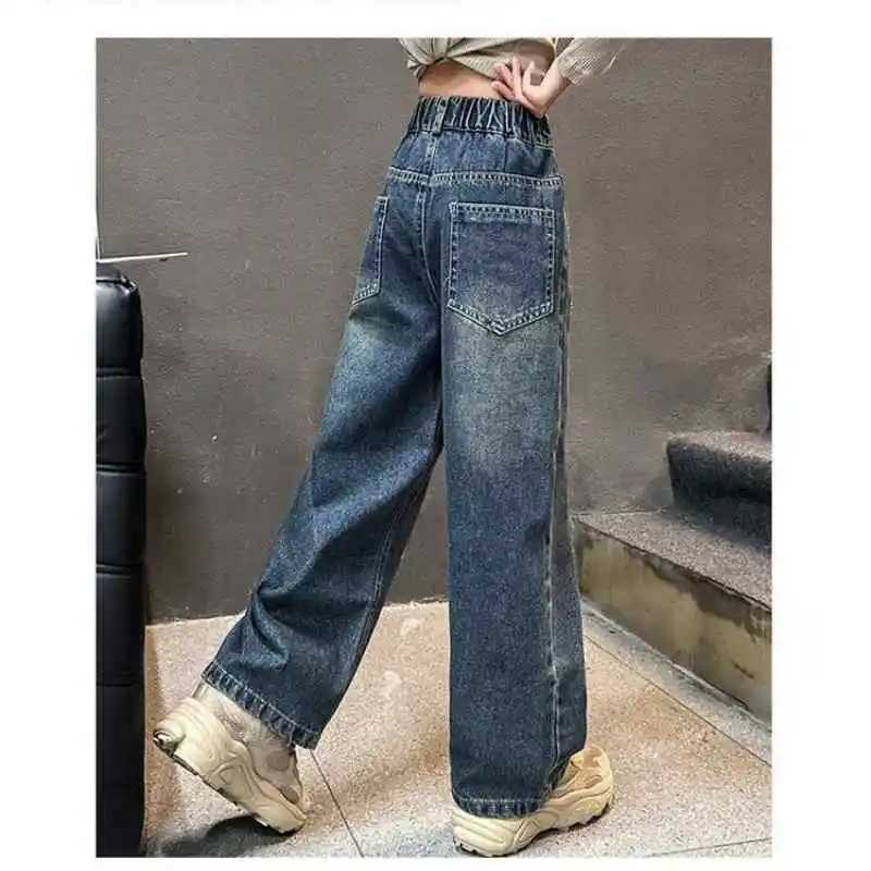 Teenage Girls Black Jeans 2024 Trendy Street Hole Shattered Tear Heart Straight Narrow Loose Wide Leg Pants Teenage Teen TrouserT250326
