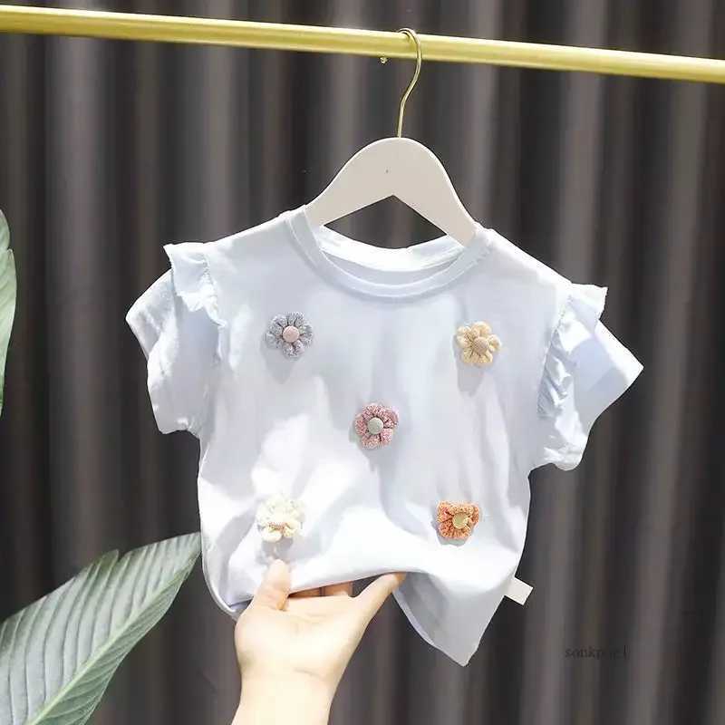 Summer girl T-shirt new childrens baby cute lace short sleeved top little girl cotton bottom shirtT250320