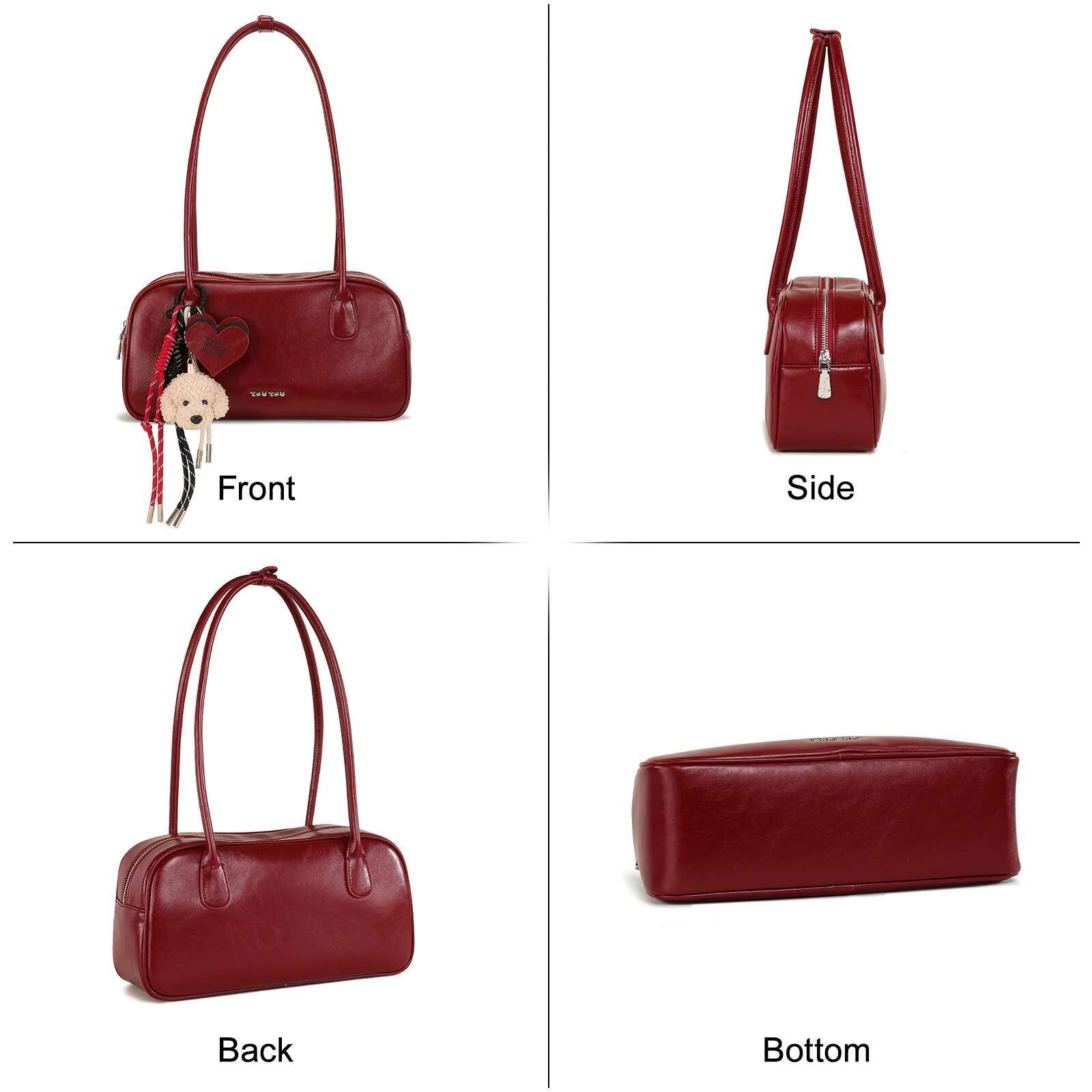 TOUTOU Red Bowg Bag For Women Dog Rope Pendent Boston PU Underarm Handbag 25Cm Shoulder Strap 8.3 Inch Laptop Valentine Gift