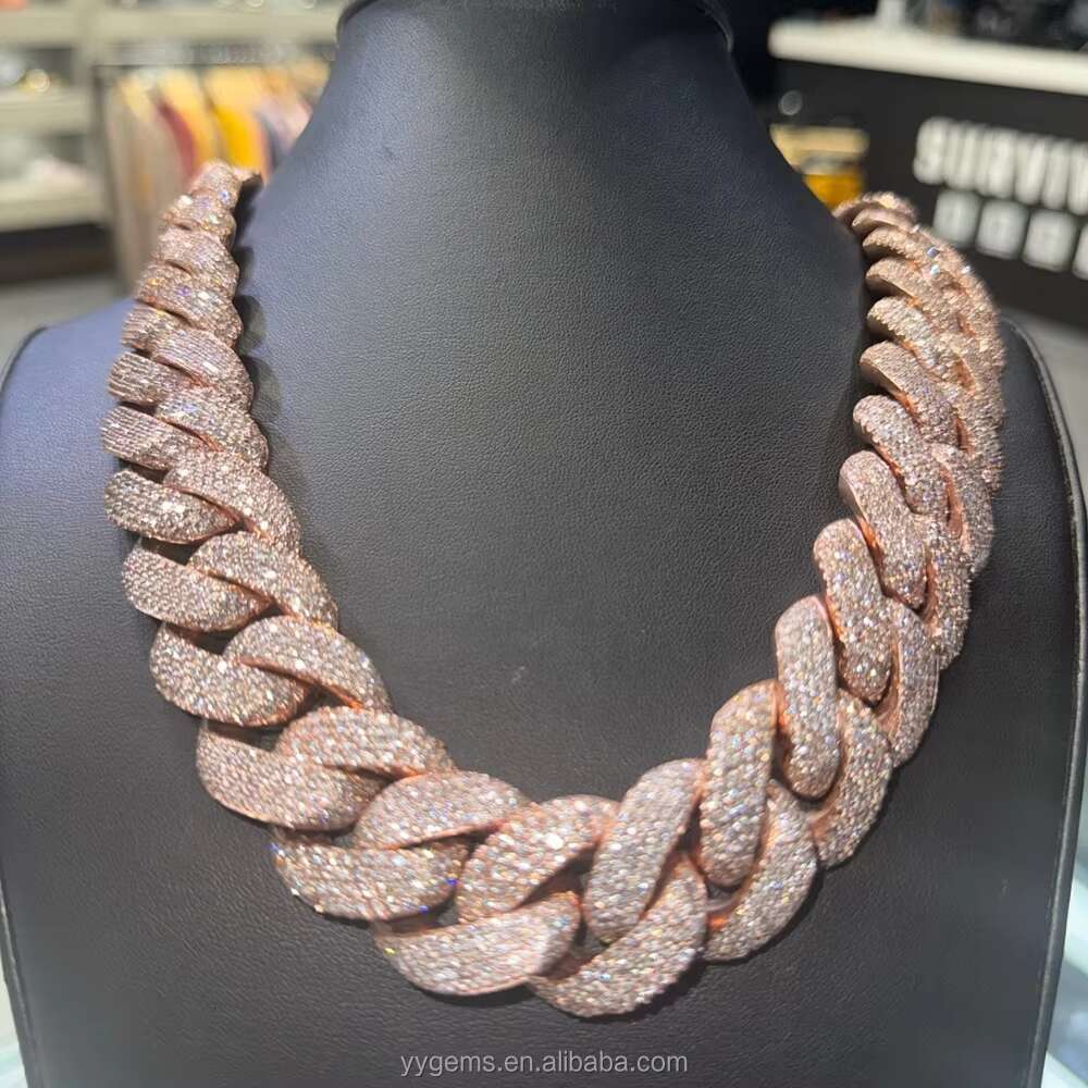 Yu Ying heavy 20mm 22mm men's fully chilled moissanite rose gold and sier Cuban chain necklace hip-hop accessory