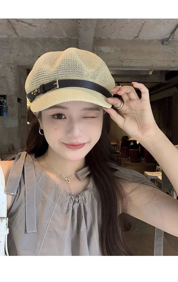 hollow octagonal hat for womens summer outings versatile sun protection straw hat British duck tongue beret 250320