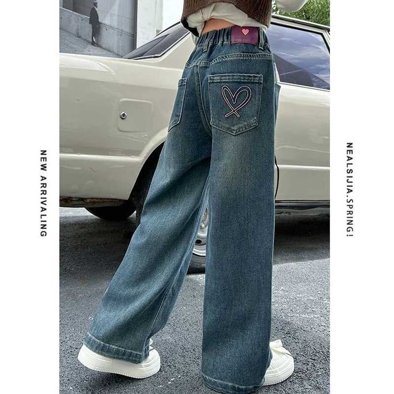 Wide Leg Jeans for Girls Spring Autumn Loose Vintage Straight Retro Pants Fashion Teenage Kids Trousers 6 8 9 10 11 12 14 YearsT250326