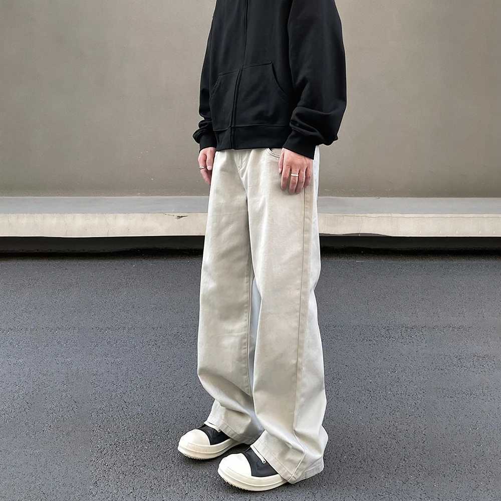 Bright white casual jeans mens streetwear Y2k straight leg retro simple autumn casual fashion winter solid street jeansT250319