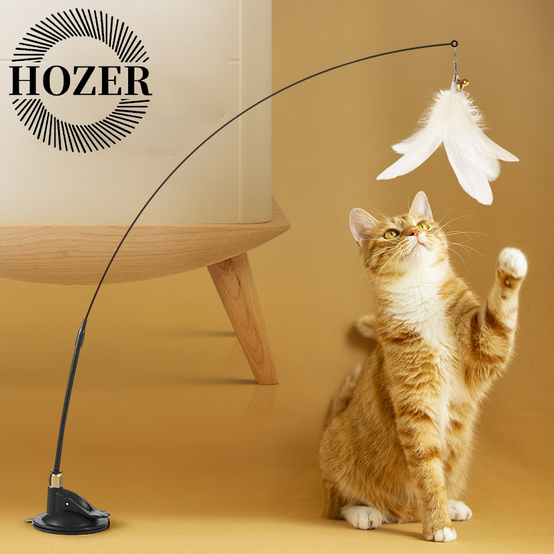 Cat Toy Cat Teaser Stick With Bell Extended Rod Suction Cup Self High And Durable Bite Teaser Tool Replaceable Feather Head