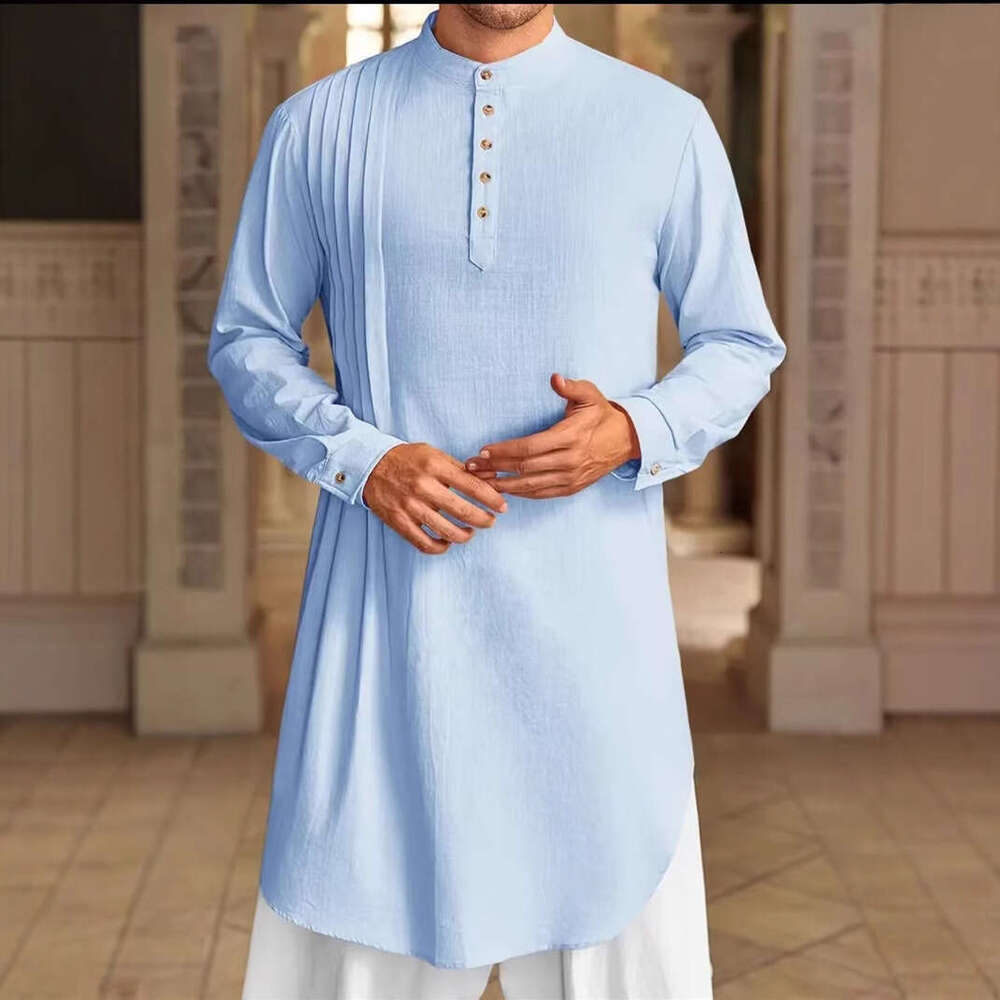 2025 New Arab Malaysian Men's Button Cotton And Hemp Shirt Muslim Robe