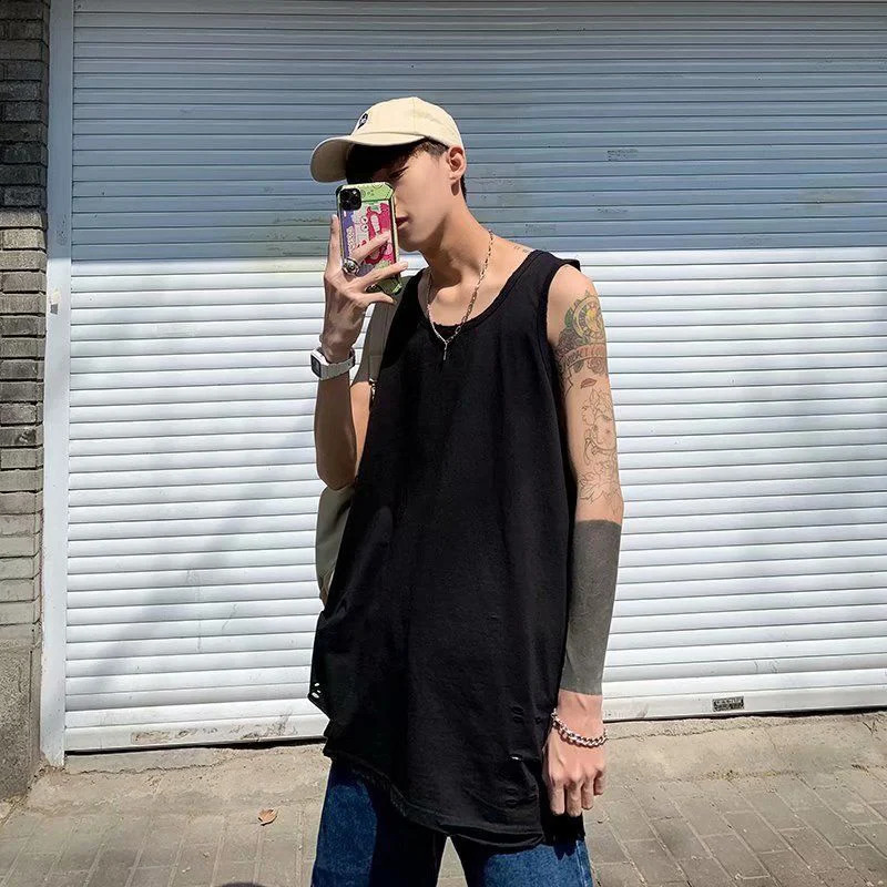 Summer ripped hole O-neck mens vest black and white camel hip-hop punk street fashion ultra-fine sleeveless T-shirt sports vest 250318