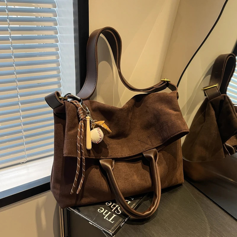 Vintage Suede Tote Bag for Women Autumn Winter Retro Handbags Purse Suede Crossbody Messenger Bag Casual Shoulder Satchel Bag 250319