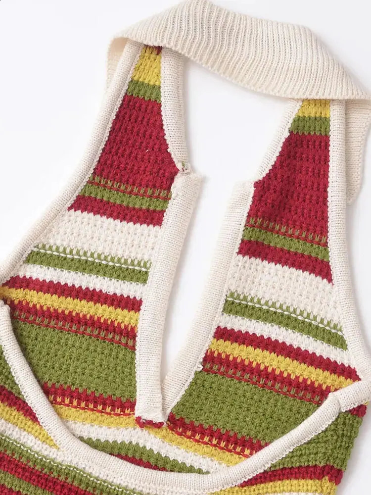 TRZA Womens Striped Crochet Knitted Mini Dress backless halter neckline womens dress sexy and fashionable 250317