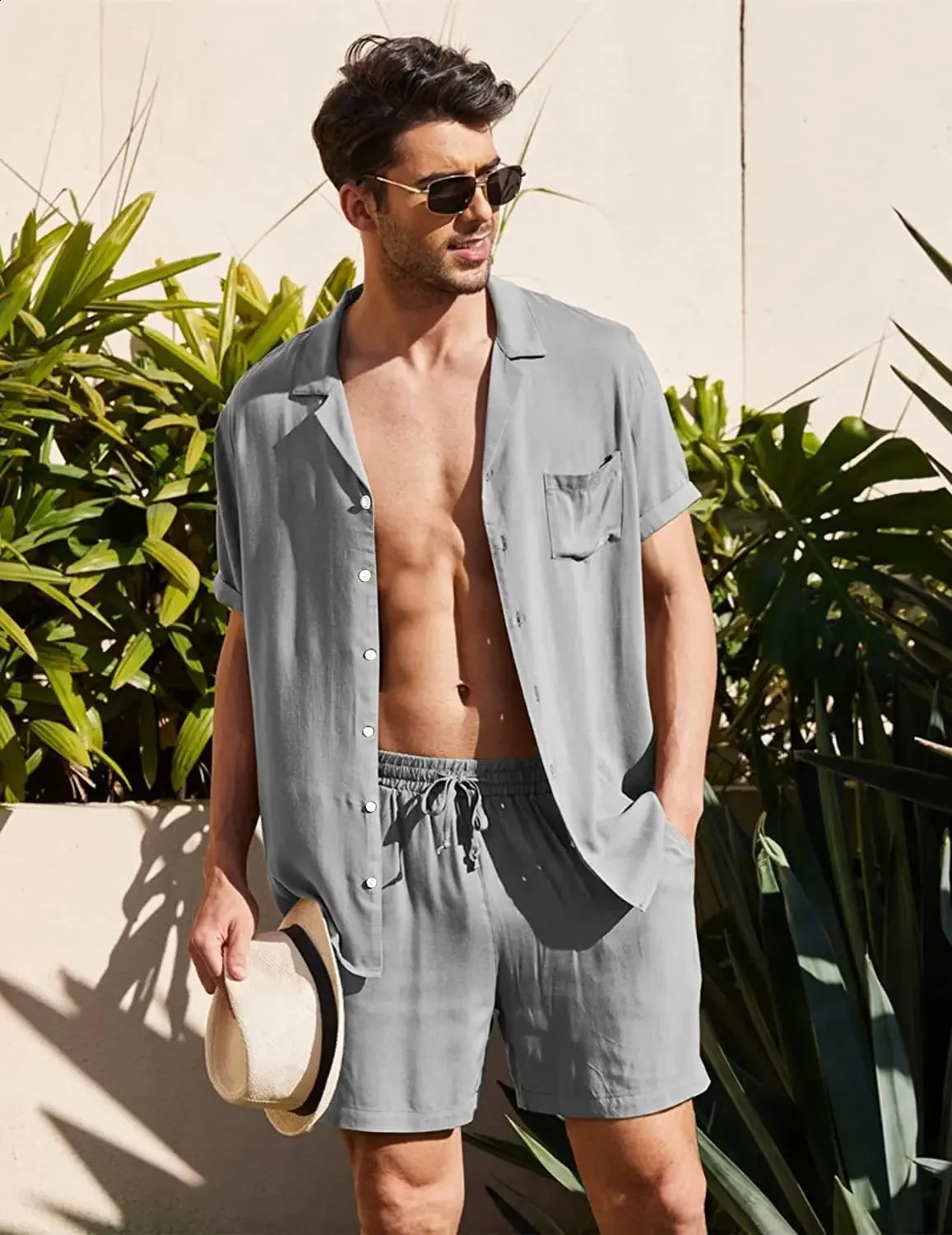 ropa hombre mens linen short sleeved shirt set linen summer loose casual cotton cardigan shirt shorts 250319