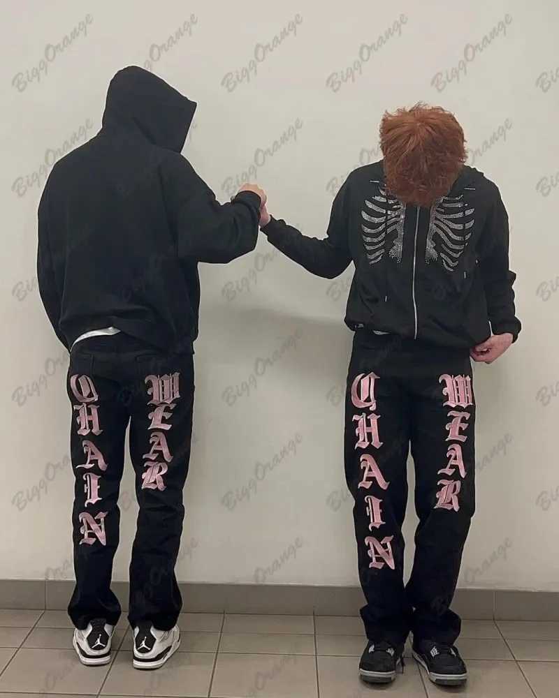Y2k American Street Pink Letter Pattern Jeans Mens and Womens Loose Straight Wide Leg Folded Fashion Loose Black Jeans AutumnT250319