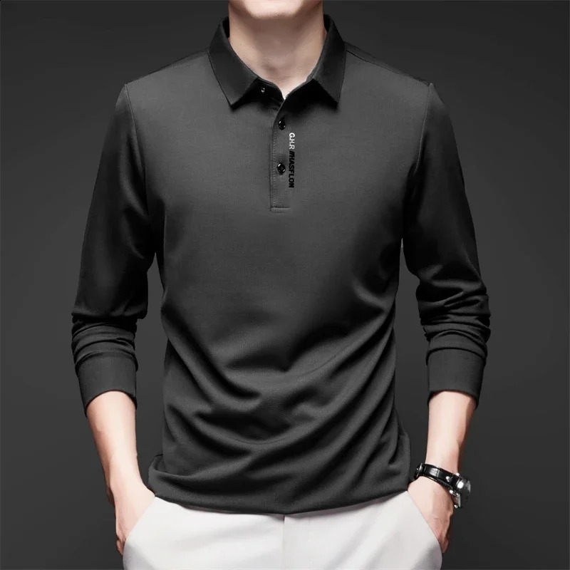 mens business casual long sleeved shirt with badge solid color polo fashionable breathable and comfortable lapel top 250318