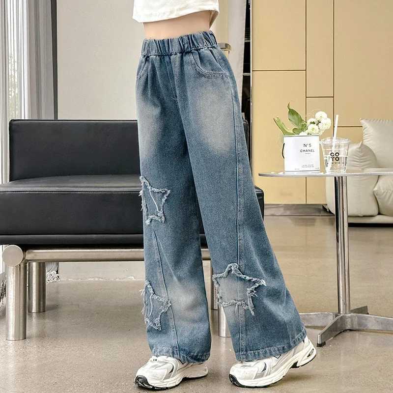 Teenagers School Childrens Trousers Spring 2024 Star Design Casual Loose Jeans Girls Elastic Waist Fashion Childrens Straight PantsT250326