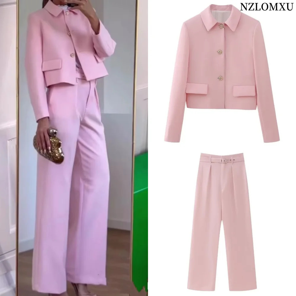 Spring Elegant Womens Pink Y2K Short Jacket Metal Flower Button Long Sleeve Set Collar Top 250314