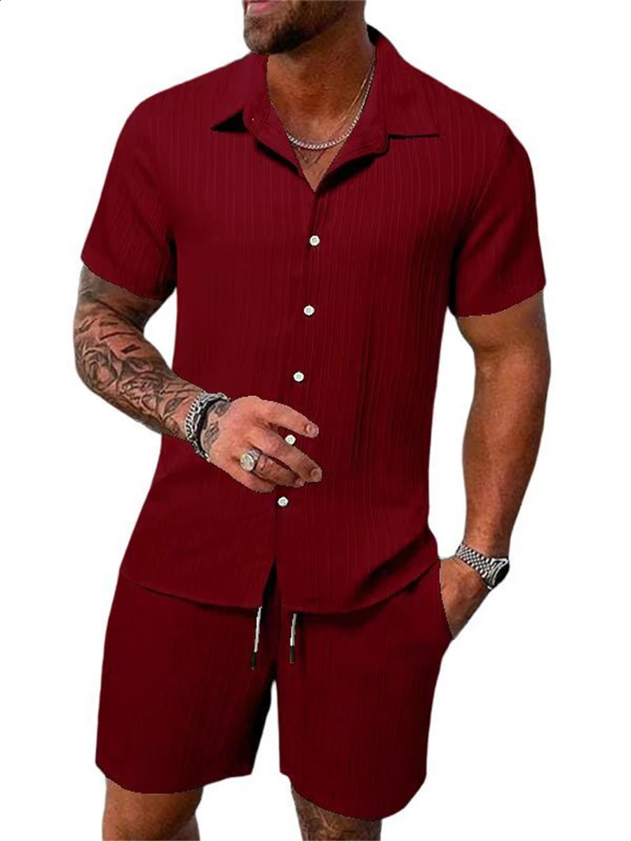 Summer fashion mens beach wear outdoor sports casual shirt solid color loose short sleeved beach shorts two-piece set 250319
