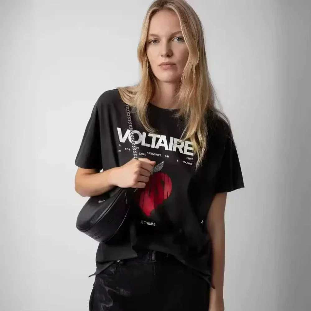 2025 New Spring/summer French Niche ZV Back Letter Apple Love Printed Round Neck Womens Short-sleeved T-shirt Womens ClothingT250320