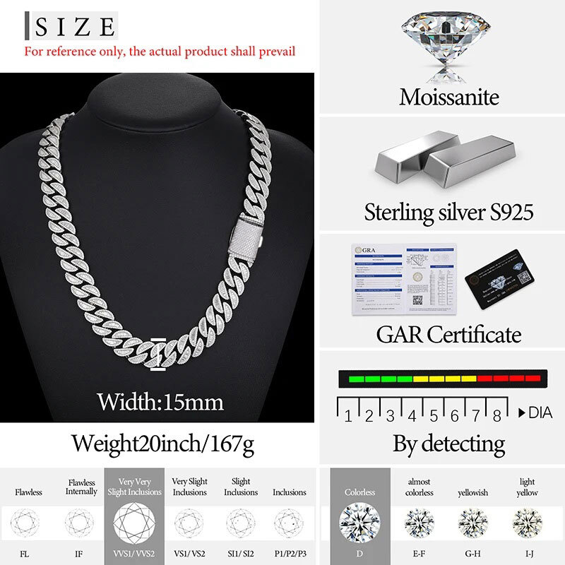 High Quality Unisex VVS1 Baguette Moissanite Cuban Chain Necklace 925 Silver For Men Hip Hop Jewelry