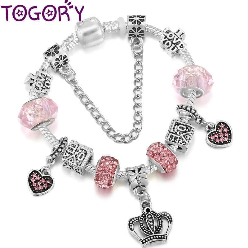 High Quality Silver Color Love Beads Charm Bracelets With Crown Heart Pendant Brand Bracelet Jewelry Gift For Women Wife Pulsera