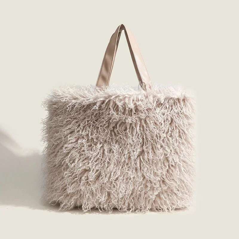 2025 Girl Large Capacity Tote Women's Vintage Plush New Korean Fashion Solid Color Handbag Imitation Fur Casual Work Bag