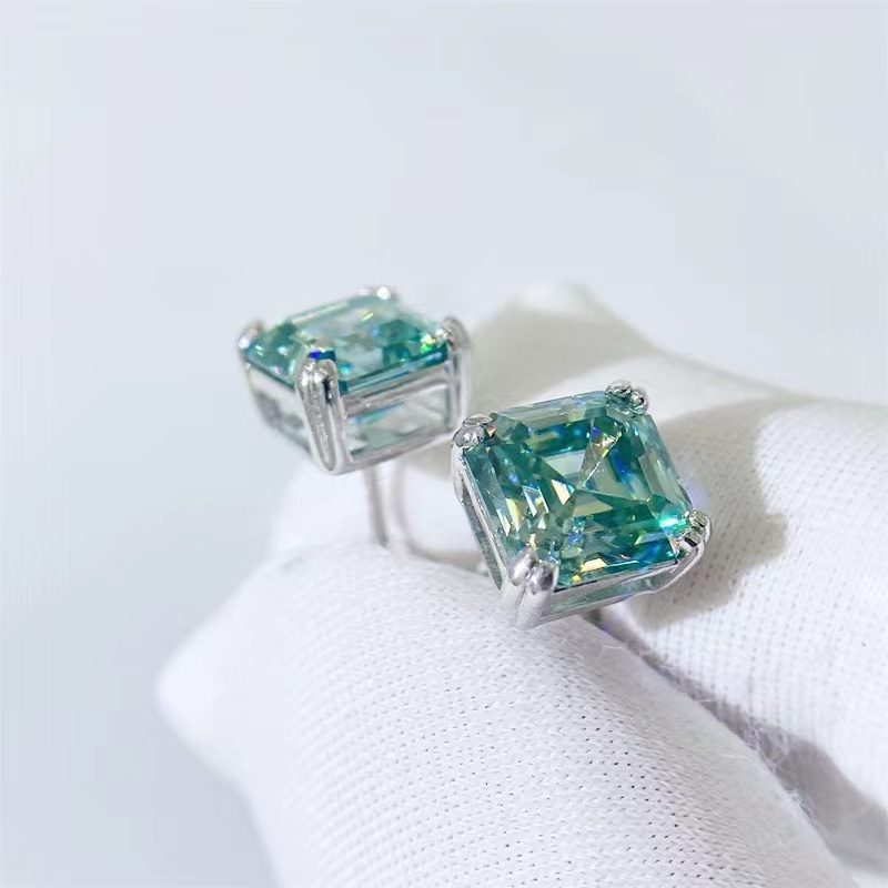 Trendy 925 Sterling Silver Blue Green Color VVS1 Asscher Cut Moissanite Stud Earrings Screw Back for Women Men Jewelry Gift