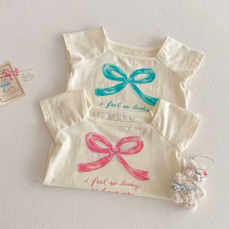 2025 Summer Girls Bow T-shirt Baby Clothing Childrens Fashion Letter Underwear Childrens Thin TopT250320