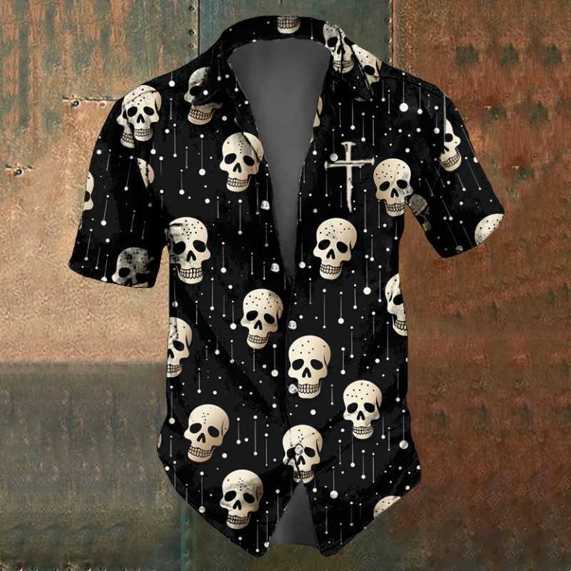 Retro Mens Shirts Small Skull Print Short Sleeve Loose Oversized Hawaiian Shirt Fashion Man Clothes Skull Black Shirts For Men M250320