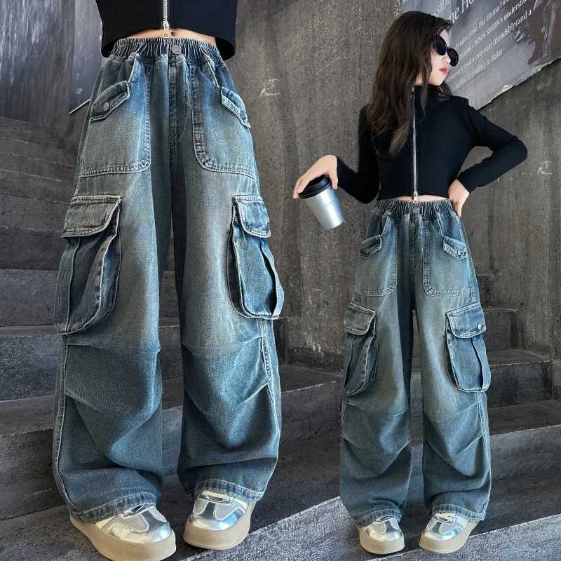 Girls Multi-Pocket Blue Washed Jeans Kids Cargo Retro Streetwear Wide Leg Pants Childrens Fashion High Waist Casual TrousersT250326