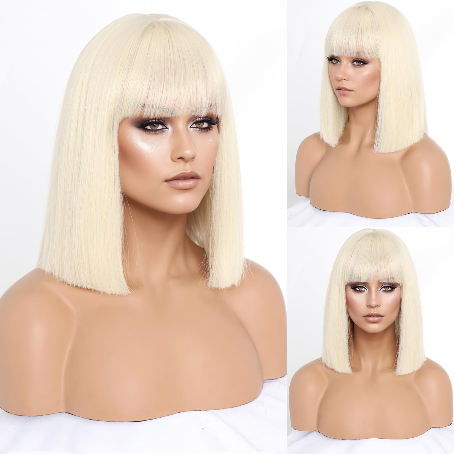Short Blonde Bob Wigs with Bangs,Short Straight Bob Blond Wigs for Women Hair Bob Cut Wig Shoulder Length Wig,Natural Looking Cosplay Daily Party Wig 