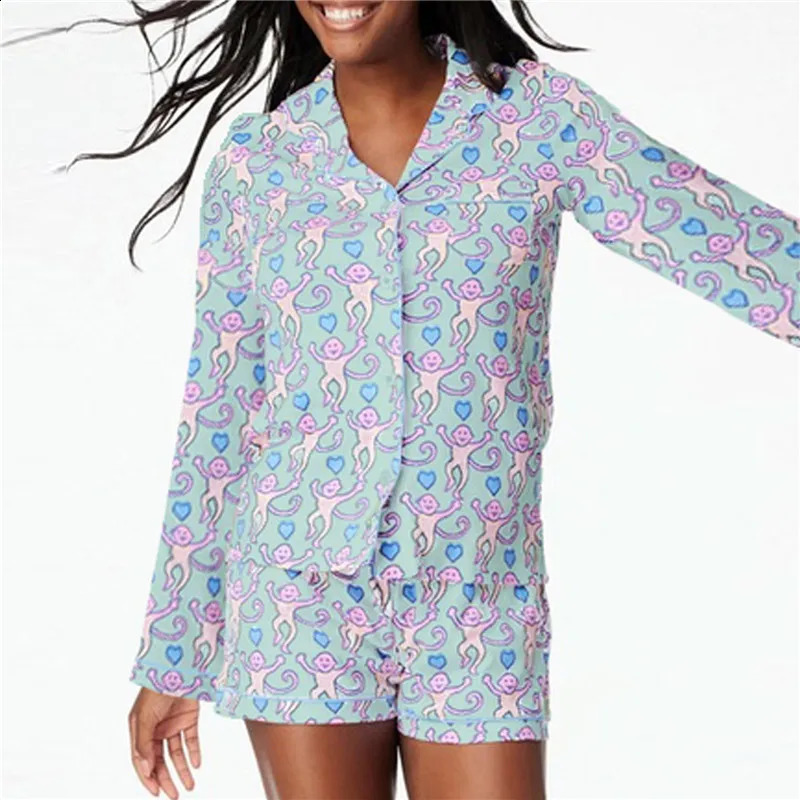 Y2k Monkey Pajamas for Women Hearts Printed Long Sleeve Roller Pants 2 Piece Set Rabbit Aesthetic Cute Preppy Pjs 250319