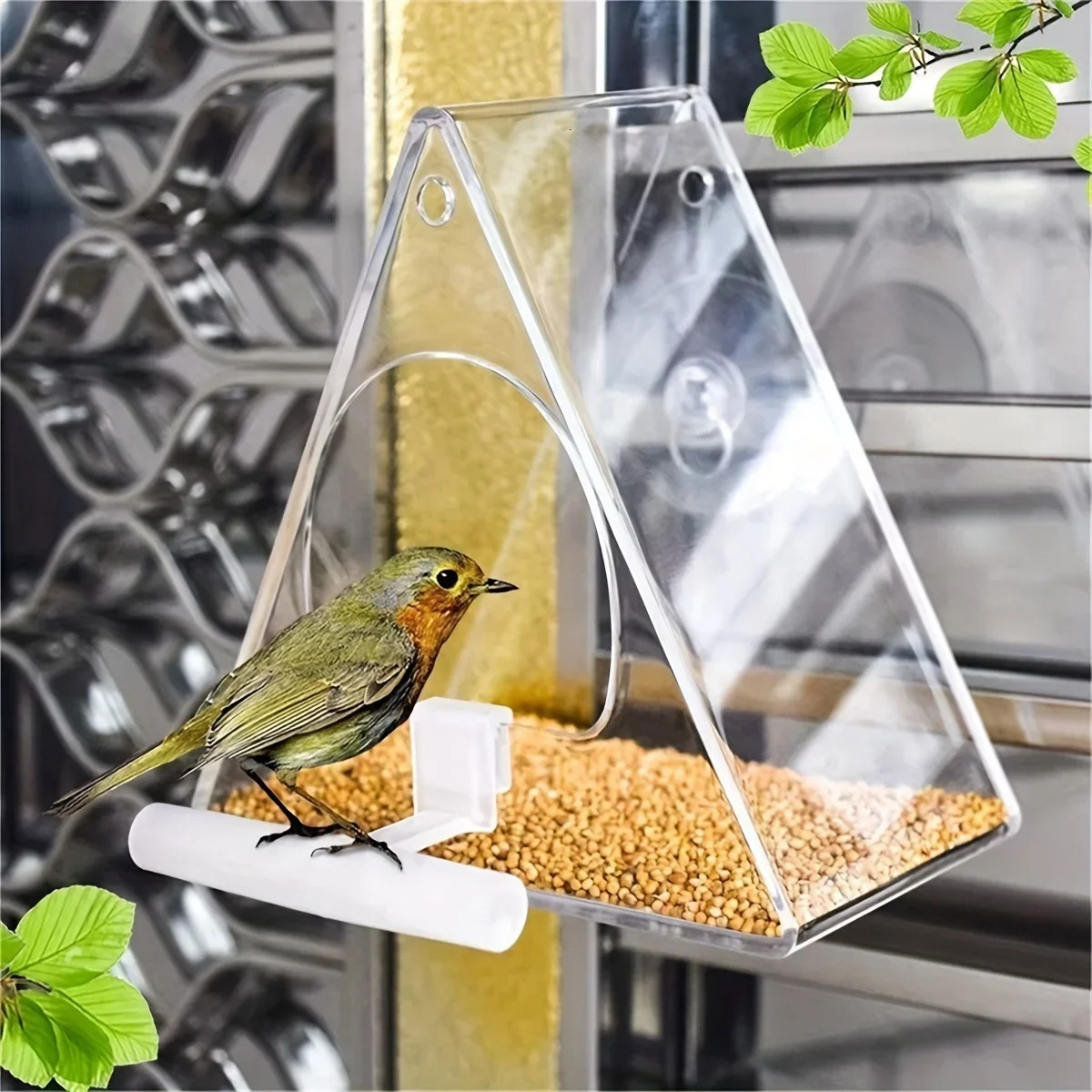 The super strong suction cup and weather resistant n of the triangular acrylic feeder in garden courtyard 250320