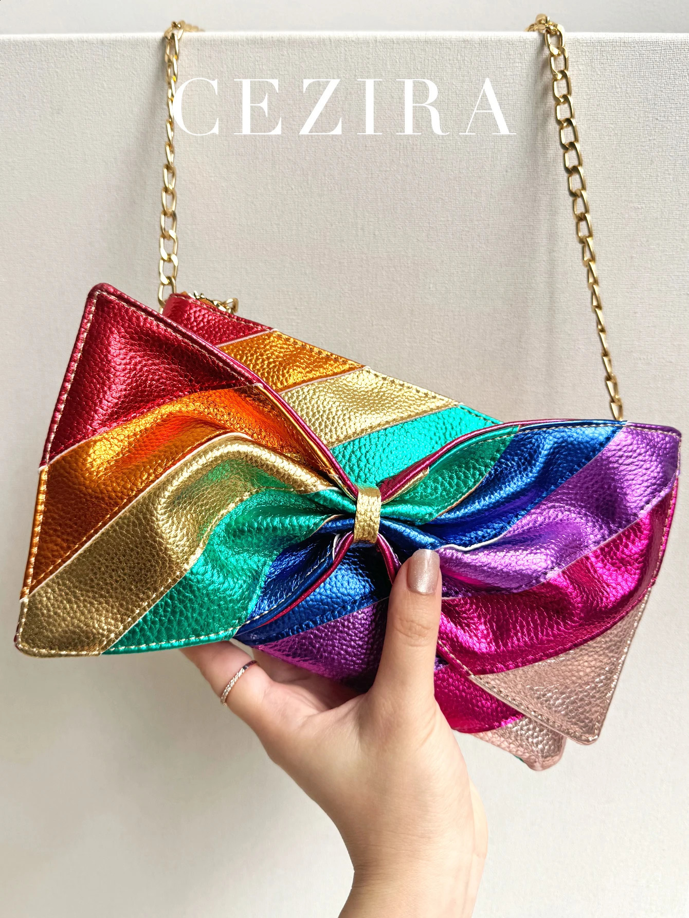 metal vegan leather handbag with colorful striped patch work sweet PU bow clutch chain cross body bag Funky Y2K 250317