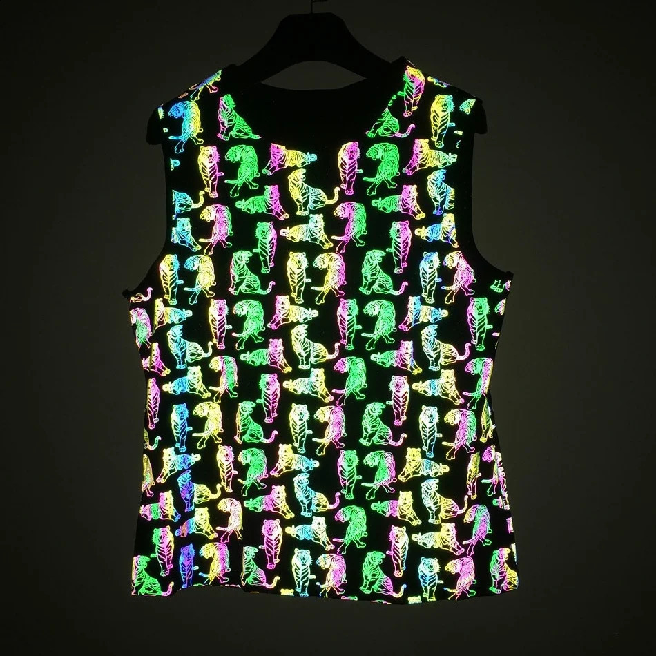 Summer Men Women Colorful Reflective Sleeveless T Shirts Y2K Harajuku Personality Printed Knitted Vest camisetas t-shirt 250318