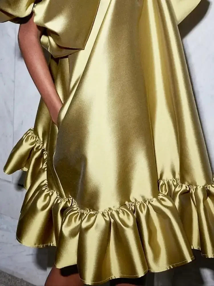 Womens Solid Color Loose Party Dress High Neck Fluffy Half Sleeve Knee Length Splicing Ruffle Bottom 250317