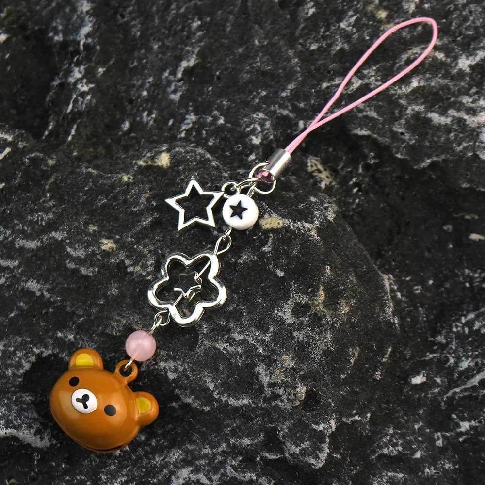 Cute Rilakkuma bear bell matching phone charm Y2K handmade star shaped hanging chain Kawaii bead mobile pendant card keychainXJ250319