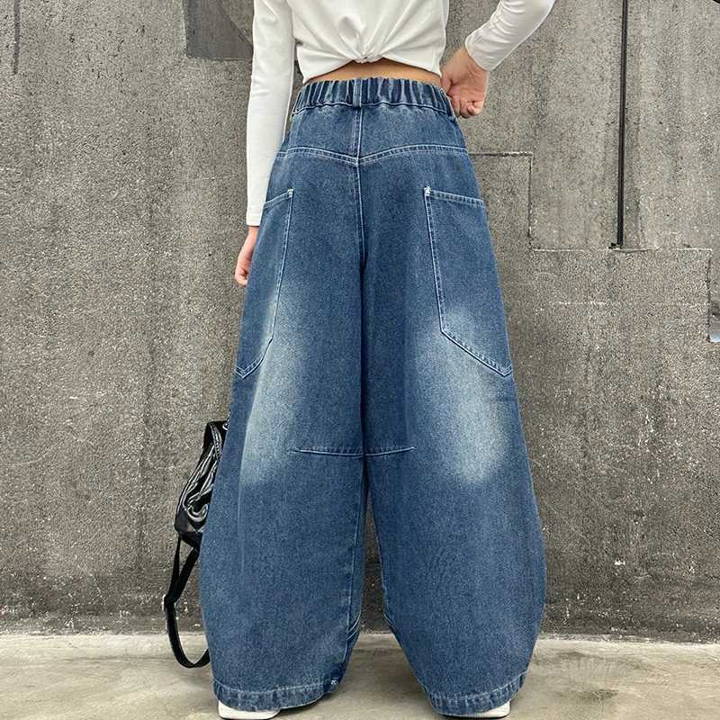 Spring and autumn teenage girls jeans high waist wide leg pants childrens loose fit Korean blue jeans casual style Trouser clothingT250326