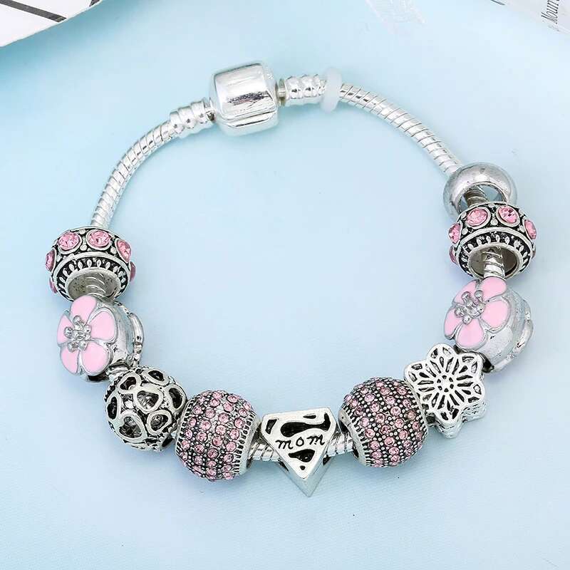 Romantic MOM Charm Bracelet For Women Mother With Flower MOM Beads Fit Original Fine Bracelets Bangles Fashion Jewelry