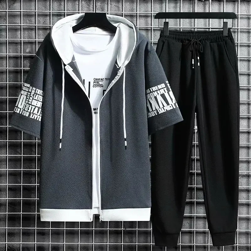 Set for Men Summer Mens Sports Suit 2-piece Print T-shirt Casual Hooded Quick Dry Running Long Pant Clothes Short Sleeve Shorts 250319