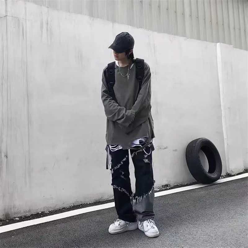 Korean fashion ripped jeans pants mens ripped hole Trouser casual soft fashion formal pockets straight denim TrouserT250319