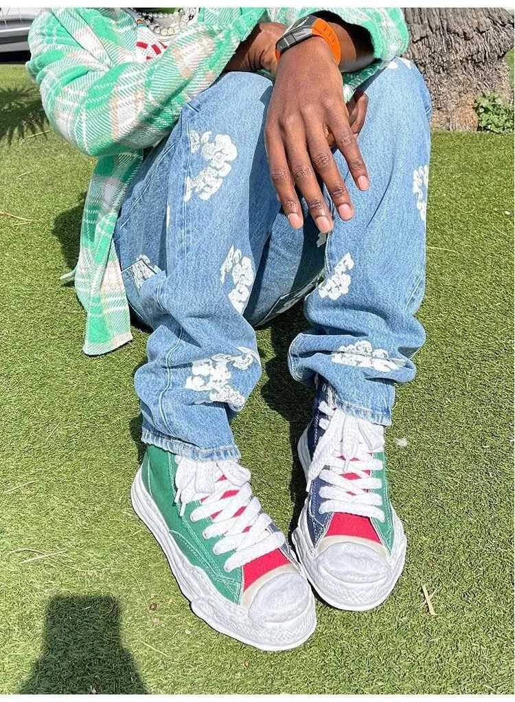 Mens jeans denim pants autumn and winter casual aesthetics floral printed jeans pocket pants Trousers high waisted fashionable womens jeansT250319