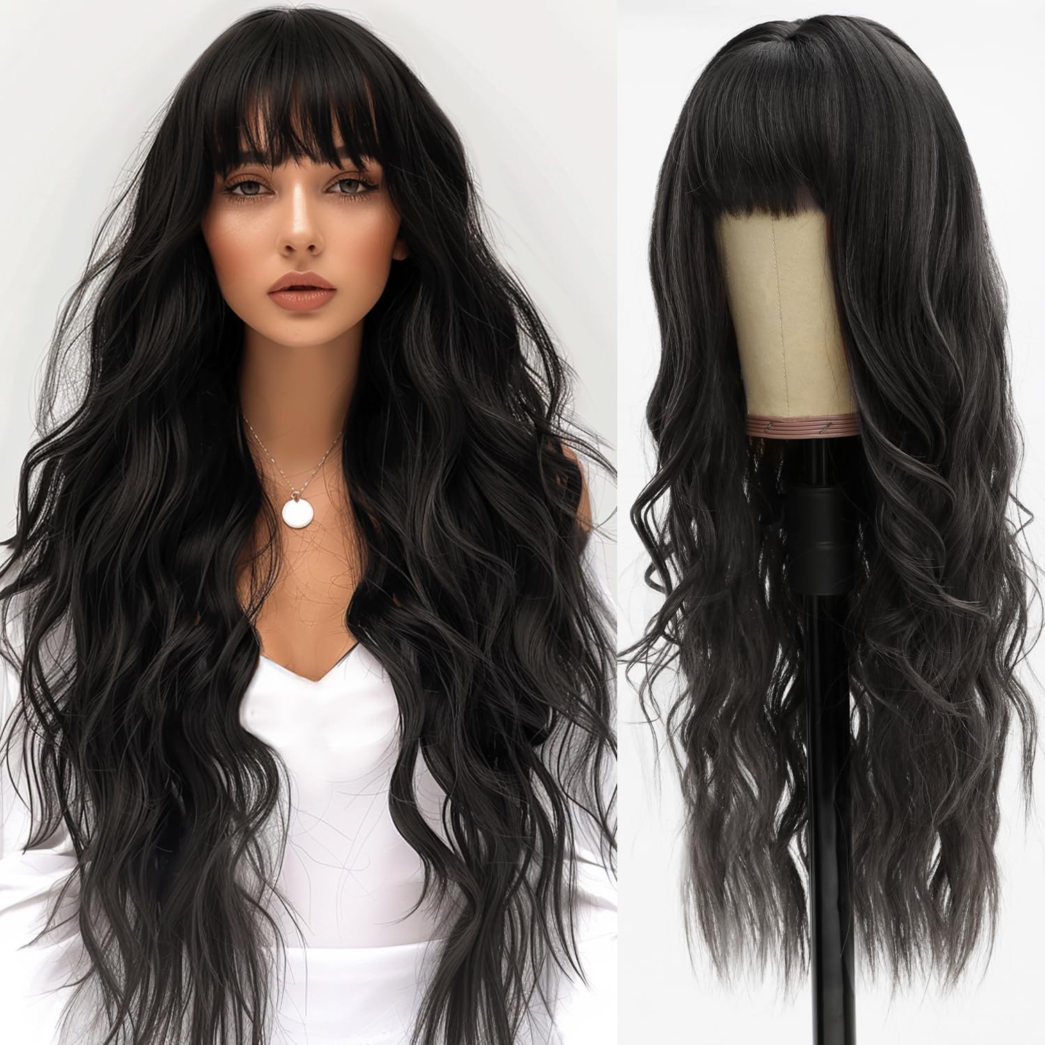 Long Black Wig for Women 1B Wavy Wig with Bangs Natural Looking Synthetic Hair Wigs for Daily Party Use