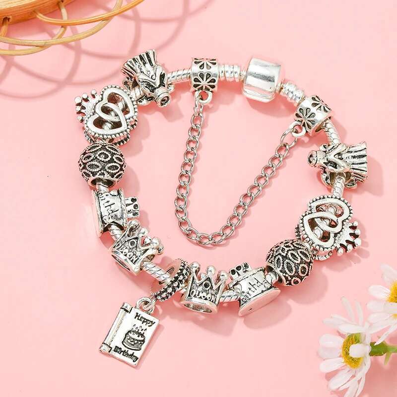 Silver Color Birthday Cake Pendant Charm Bracelet With Heart To Heart Beads Bracelets For WomenGirls Jewelry Gift Dropshipping