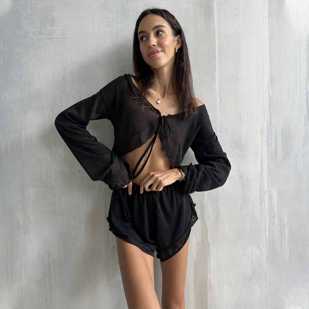 Lace up cardigan shorts set 2025 summer new knitted pajama comfortable home wear for women