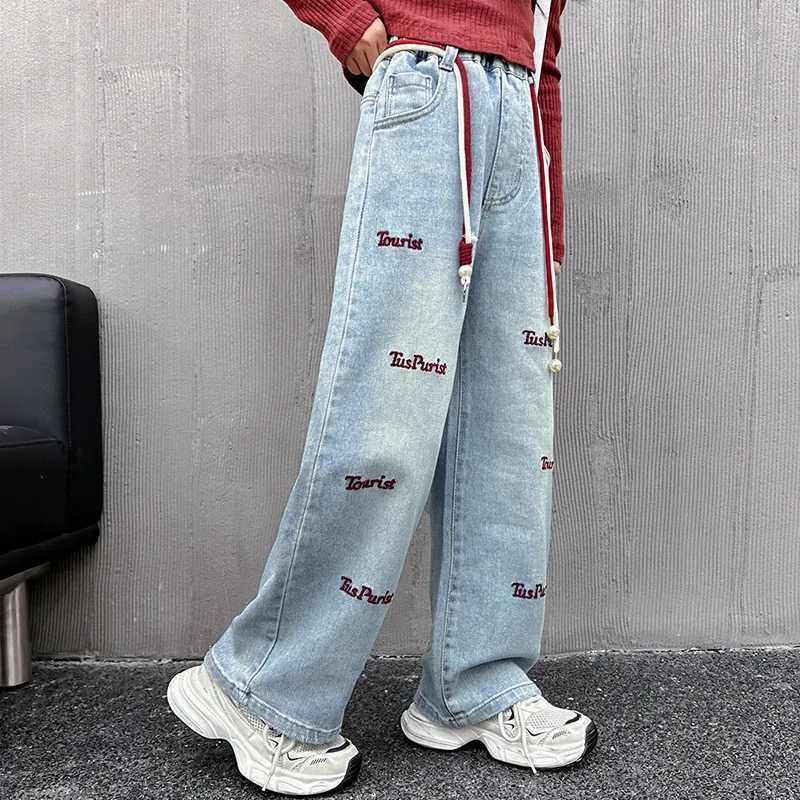 Loose Embroidered Letter Childrens Wide Leg Trouser Casual Elastic Waist Straight Leg Pants Teen Girls Jeans Childrens ClothingT250326