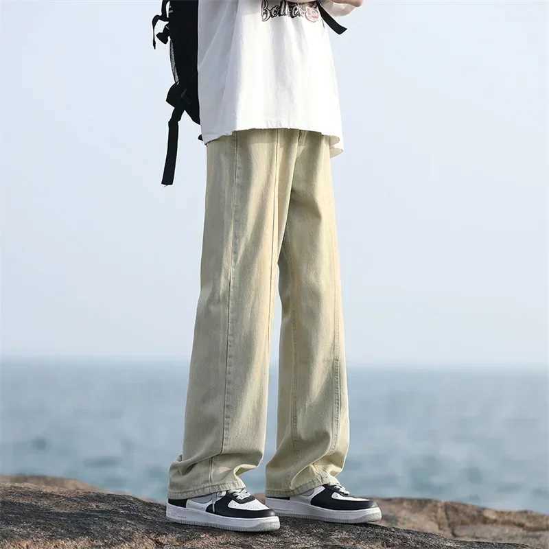 New Korean Fashion Wide-leg Baggy Jeans For Men Classic Drawstring Straight Denim Pants Y2K Vintage Jean Streetwear TrousersT250319