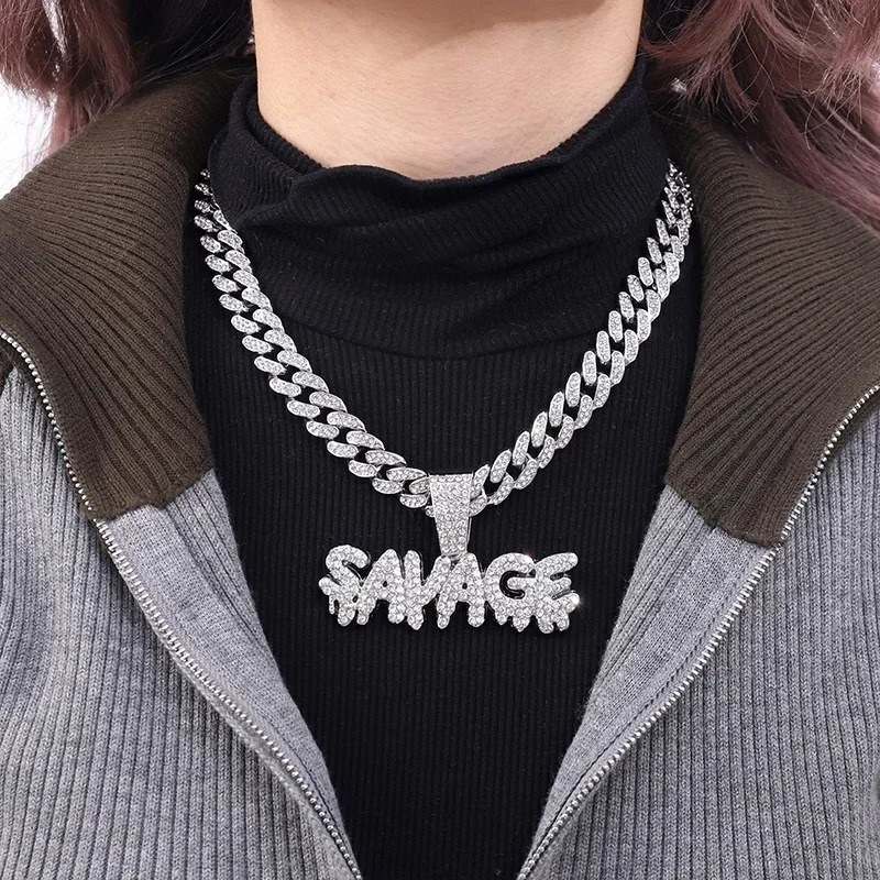 Hip Hop Bling Crown Letter Savage Pendant Necklace With 13mm Cuban Chain Iced Out Statement Neck Jewelry Drop 250320